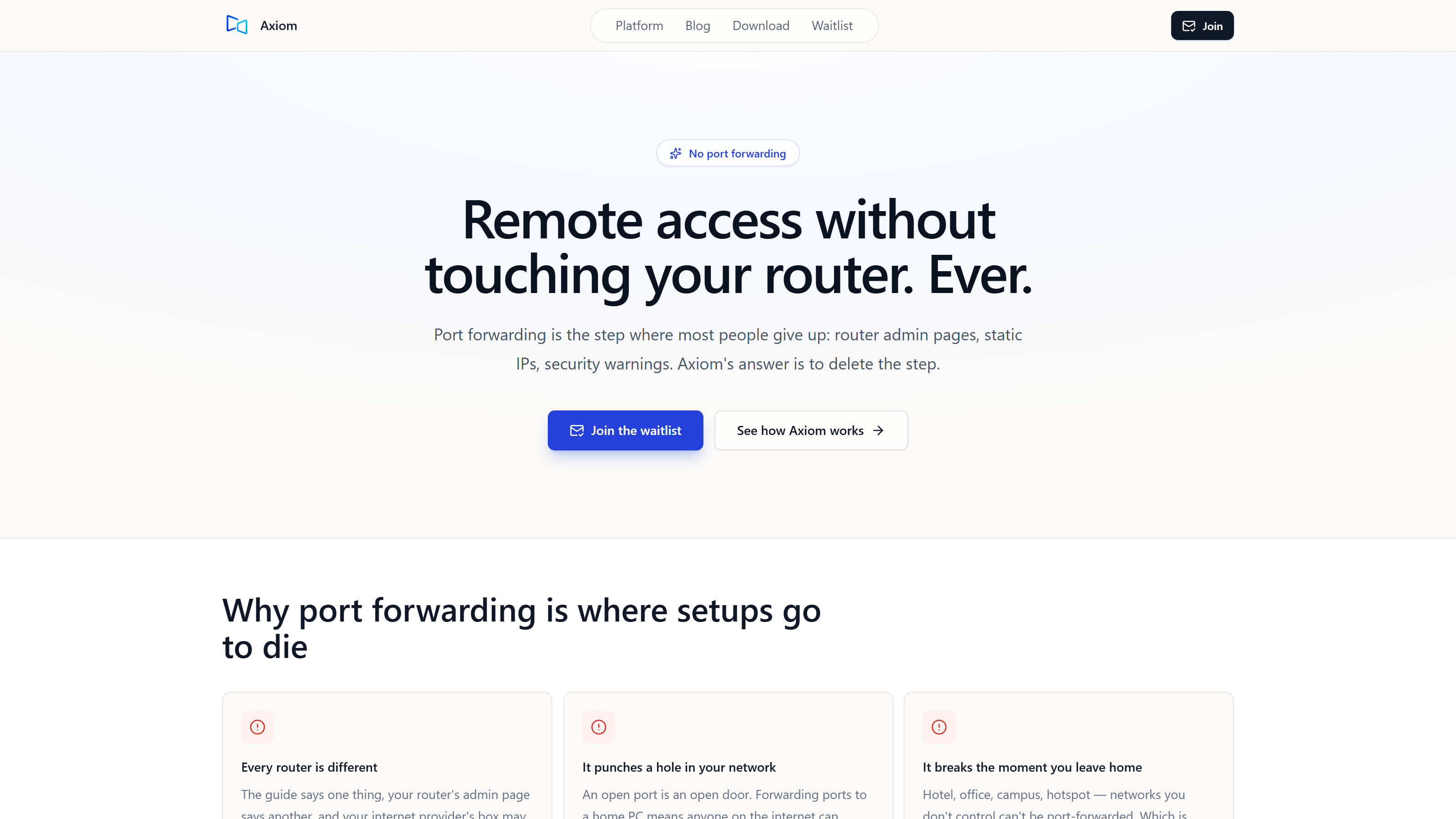 Axiom remote access without port forwarding landing page