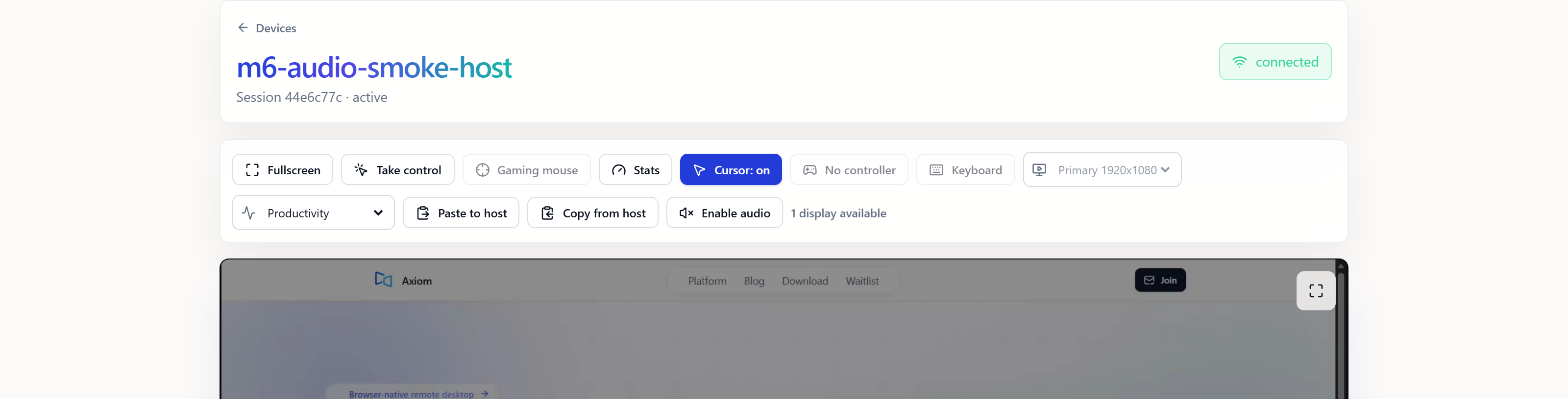 A live Axiom remote session showing the connected status and control bar